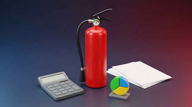 Financial risk assessment and business emergency planning with fire extinguisher and chart