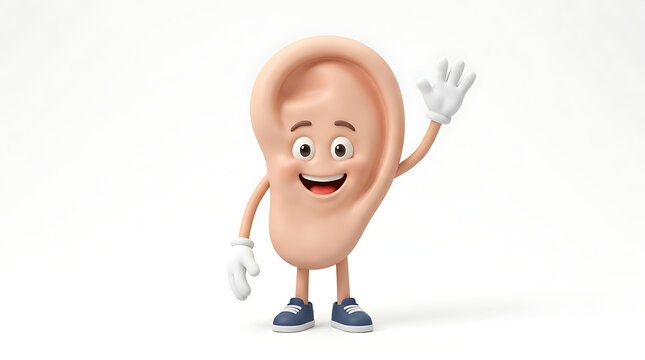 Cheerful human ear mascot character with a friendly face waving hello, rendered in 3D graphic style