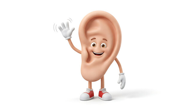 Animated human ear character with a friendly face happily waving hello, symbolizing sound and hearing