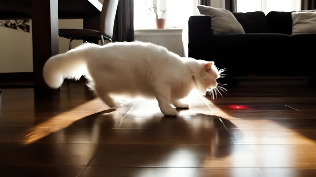 White persian cat chasing red laser light on wooden floor