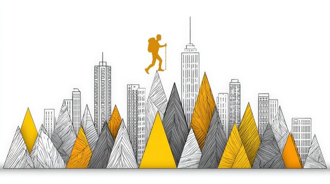 Illustration of a hiker climbing a mountain pass with city skyline background