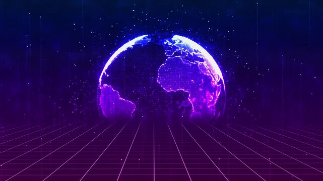 Neon world grid 19 visual blue Earth, glowing floor lines, digital particles, futuristic stage space. global business videos, sci fi intros, cyber themes, virtual conferences, motion graphics.