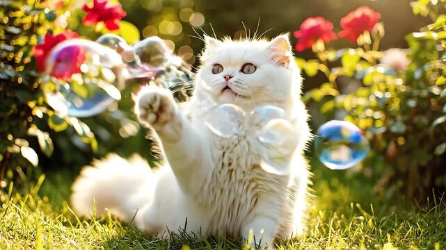 Fluffy white cat playing with bubbles in a sunlit rose garden