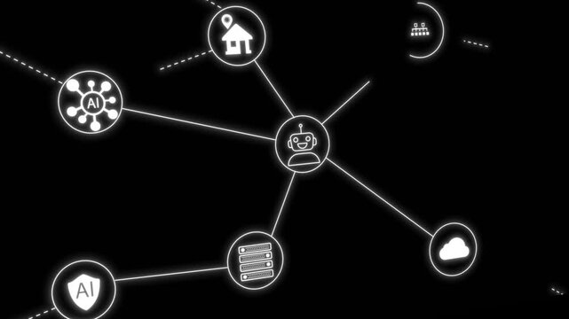 Modern artificial intelligence network diagram links cloud, security, robotics, servers, smart connection paths. AI presentations, 19 software business innovation, automation, cloud computing
