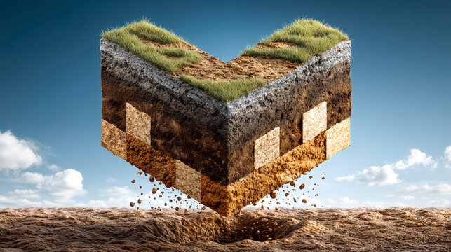 Floating cube of soil with grass on top hovers above ground, revealing layers of earth and rock. scene is surreal and imaginative, showcasing cross section of underground layers