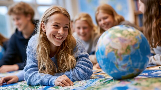 Happy girl during geography class with classmates and globe at school