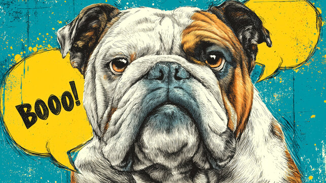 Grumpy bulldog with exaggerated annoyed expression is depicted in colorful pop art style, featuring speech bubbles and vibrant background
