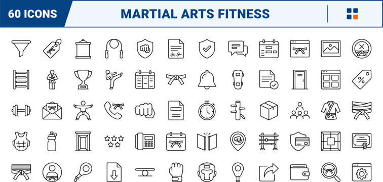 Adult karate class line icon set. Vector pictograms of martial arts dojo, training gear, fitness equipment, and website interface elements, thin linear illustration.