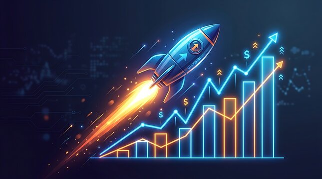 Neon rocket ship taking off over a growing financial bar chart representing business success and market growth
