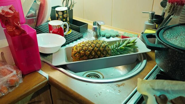 Kitchen scene highlights importance of washing fresh fruit before consumption