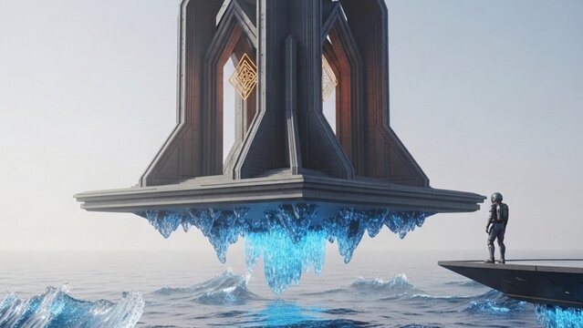 Futuristic floating structure with glowing crystal base above ocean water as astronaut observes alien technology exploration concept
