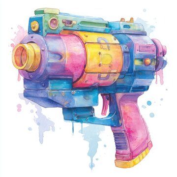 A vibrantly painted watercolor ray gun showcases a playful mix of blues, pinks, and yellows, adding a splash of color and imagination to futuristic weaponry.