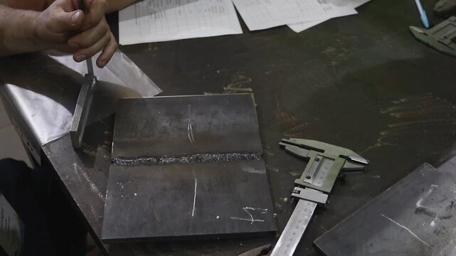 Checking weld seam on metal plates with calipers and measuring tools in production workshop.