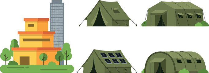 Military camp vector icon set featuring green army tents base headquarters building solar panels camouflage shelter and field barracks illustration © Rtazmina
