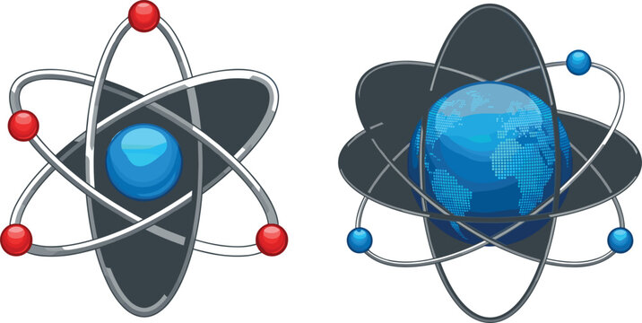 Science atom icon set with blue earth globe model physics nucleus core and orbiting electrons for technology education and logo designs vector illustration