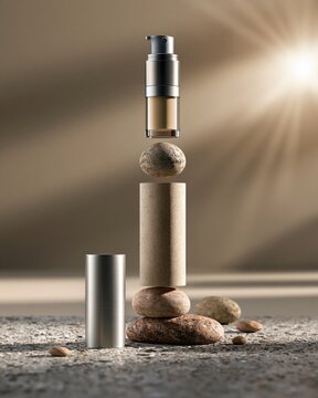 Cosmetic pump bottle with natural elements create a balance composition