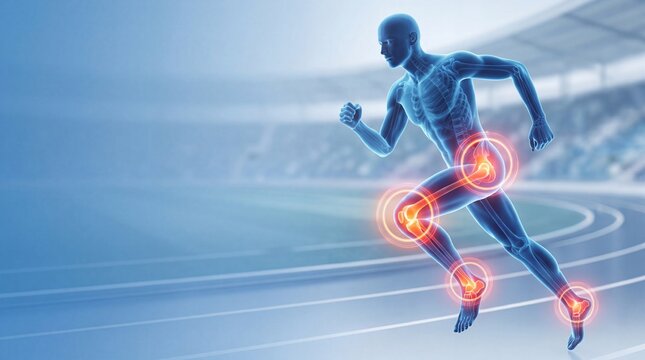 Sports medicine and biomechanics concept Running human skeleton with glowing joint stress, Transparent human running 3D render emphasizing inflammation and pain in knee, ankle, and hip
