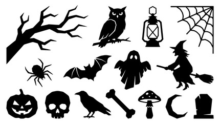 Fototapeta premium Halloween silhouette elements in black for spooky holiday design with copy space