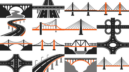 Fototapeta premium Bridge and highway overpass architectural illustrations set