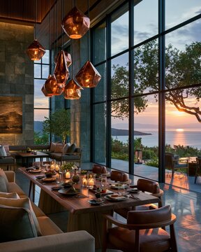 Upscale Restaurant Interior with Stunning Sunset Ocean View and Dinner Table