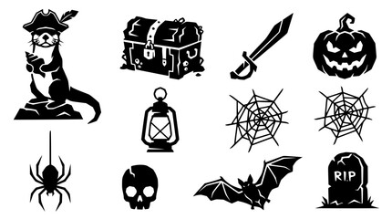 Pirate otter treasure chest jack-o-lantern spider skull bat and tombstone Halloween icons in silhouette style