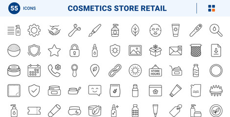 Fototapeta premium J beauty store line icon set. Vector pictograms of skincare, cosmetics, interface, and trust elements, thin linear illustration.