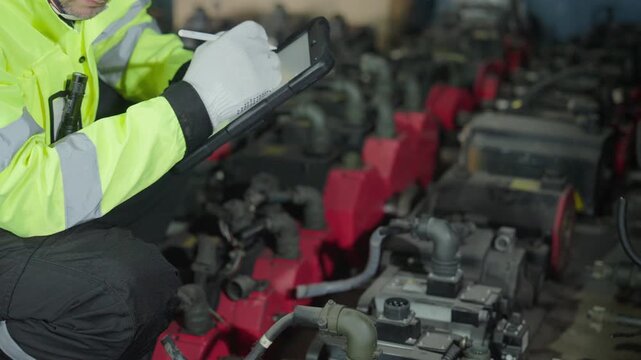 A close-up shot of a technician's hands inspecting wiring on a servo motor component in an industrial factory during maintenance.