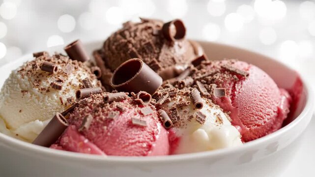 Delicious bowl of assorted ice cream scoops with chocolate shavings and curls.