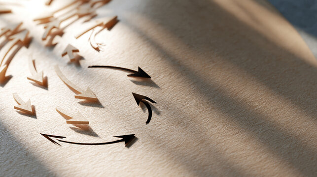 Bright three dimensional render top down view of many small arrows on a light kraft paper surface curving and changing direction into a new organized pattern soft shadows and