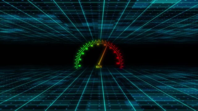 Futuristic performance meter visual green red dial, glowing needle, digital grid room, speed measurement style. analytics videos, gaming dashboards, racing intros, 19 screens, motion graphics.