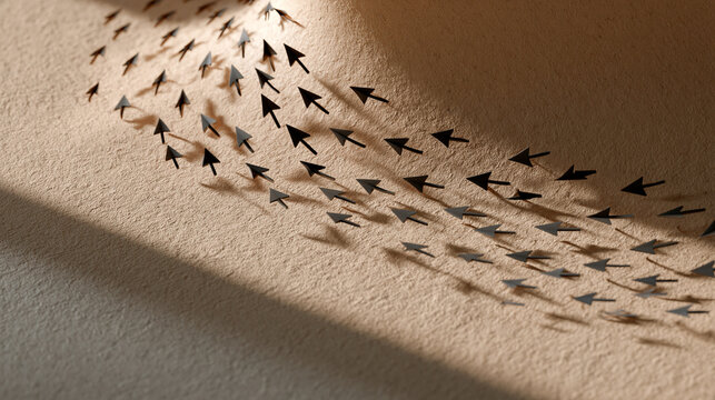 Bright three dimensional render top down view of many small arrows on a light kraft paper surface curving and changing direction into a new organized pattern soft shadows and