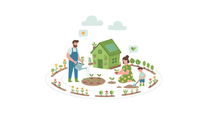 Naklejka premium Family gardening together near a sustainable green home featuring solar panels while tending to various sprouts and flowers.