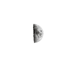 Isolated first quarter moon with detailed craters on pure white background, minimalist graphic element © Sonny