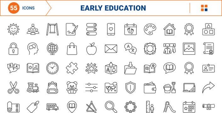 Early childhood education line icon set. Vector pictograms of preschool, language learning, kindergarten, and classroom elements, thin linear illustration.