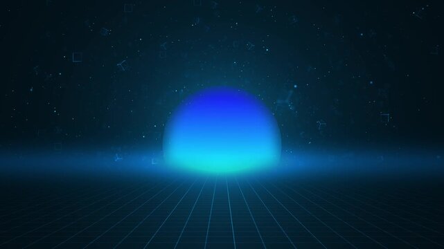 Cyan virtual orb 19 scene smooth blue sphere, digital grid floor, tiny geometric shapes, glowing horizon haze. sci fi openers, data presentations, future screens, research motion graphics.