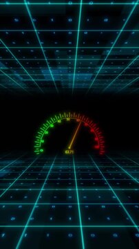 Neon speed gauge grid glowing perspective floor, ceiling lines, colorful meter scale, moving performance needle. speed tests, dashboard videos, performance reports, racing visuals, futuristic overlays