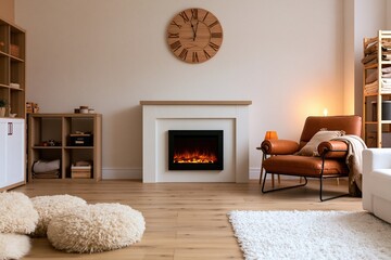 Obraz premium Interior of a cozy modern living room with a leather armchair and electric fireplace
