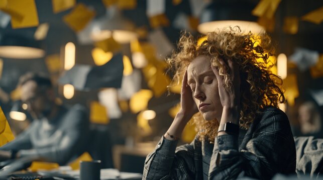 Woman with headache or stress in office environment with paper chaos