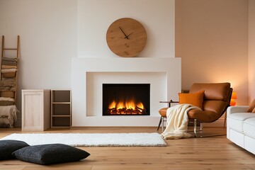Obraz premium Living room interior with a cozy leather armchair and warm fireplace home decor
