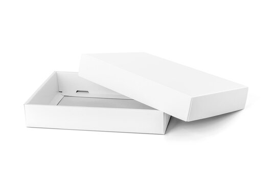 Blank open white cardboard box mockup with lid isolated on white background