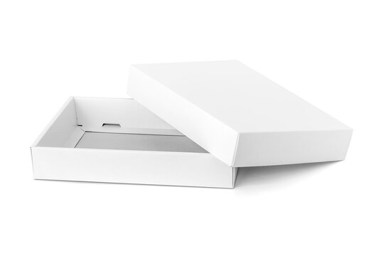 Blank open white cardboard box mockup with lid isolated on white background