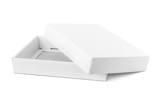 Blank open white cardboard box mockup with lid isolated on white background