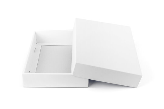 Blank open white cardboard box mockup with lid isolated on white background