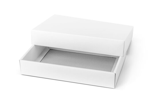Blank open white cardboard box mockup with lid isolated on white background