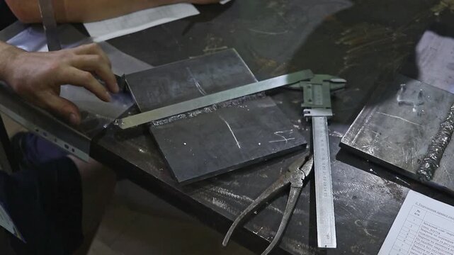 Quality control of a welded seam using a square and a caliper. Checking the accuracy of welding in a training workshop.