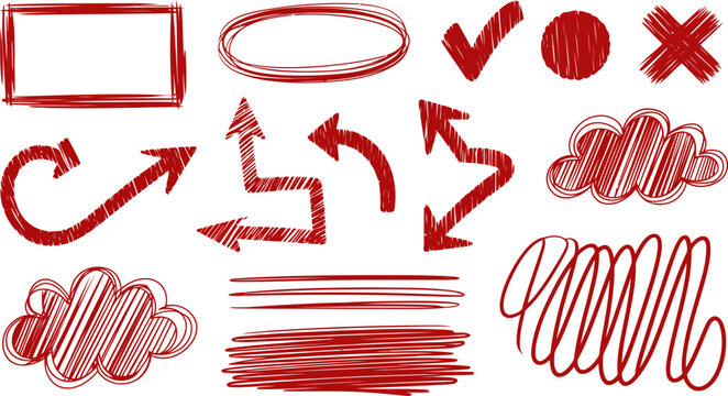 Red hand-drawn doodle including a rectangle oval checkmark cross arrows clouds and scribbled