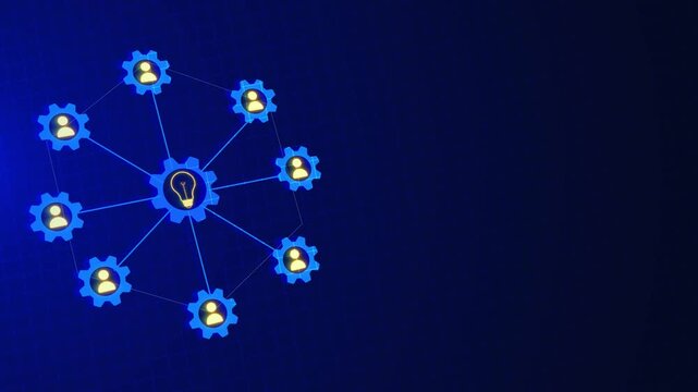 Business collaboration gear visual connected user symbols, central idea icon, blue grid background, organized network layout. for management training, startup project planning, HR content, and