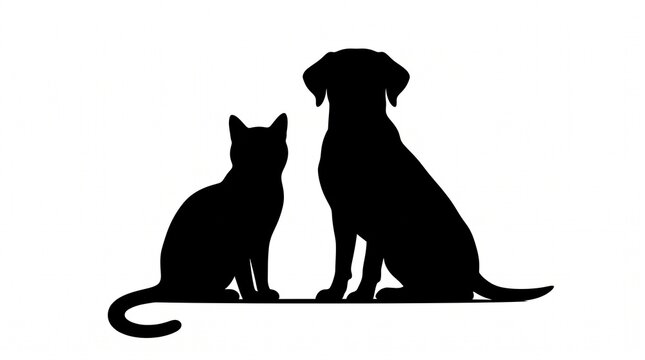 Black silhouette of a cute dog and a cat sitting together side by side looking forward in a friendly and peaceful pose representing animal friendship and domestic pet love design