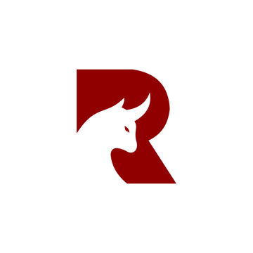 Strong red R monogram with a bull head in negative space, ideal for finance, investment, sports, security, trading, and powerful corporate brands.