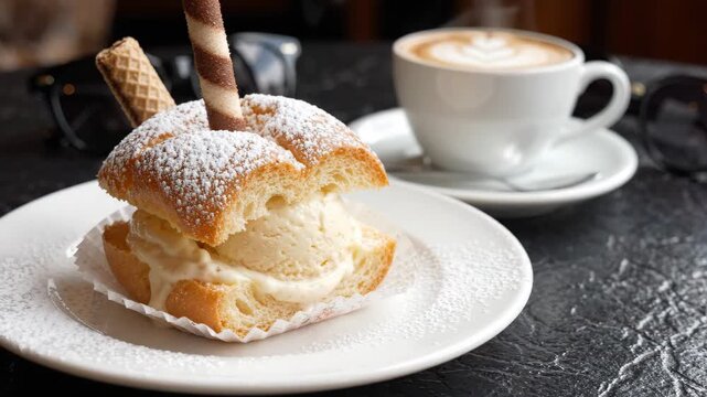 Delicious Cream Puff Dessert with Coffee and Wafer Sticks.